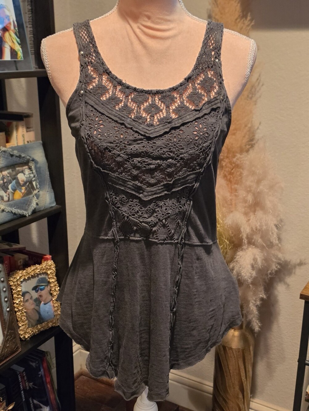 Free People Womens Lace Crochet Tunic Tank Top Charcoal Gray Bohemian Size Small